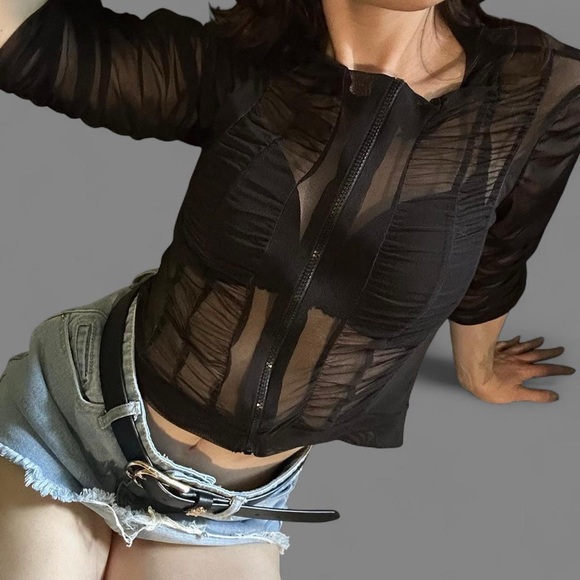 Black Sheer Mesh Ruched Blouse - Picture 1 of 4